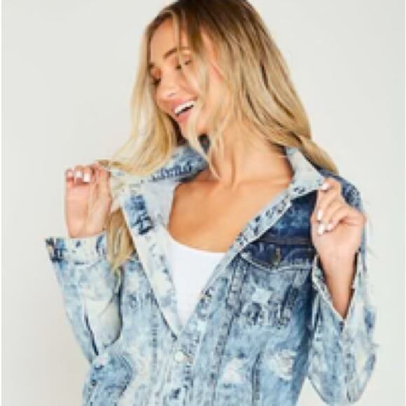 Fantastic Fawn blue white distressed denim jacket size large L 
b15 - Picture 7 of 10
